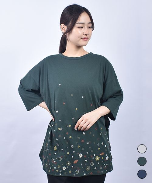 drug store's 18/-天竺 花プリント 裾ラウンド 7分袖  チュニック