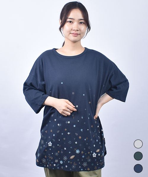 drug store's 18/-天竺 花プリント 裾ラウンド 7分袖  チュニック