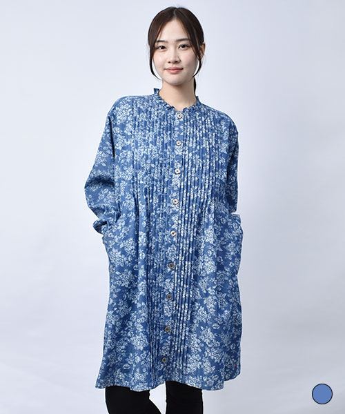 【ワンピース】 花柄デニム シャツ ワンピース