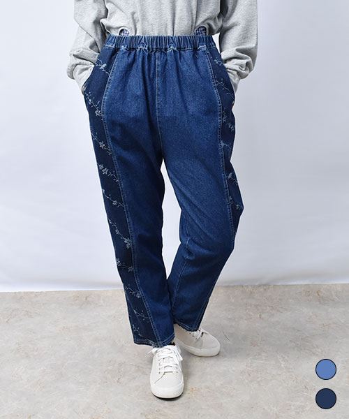 【パンツ】 花柄ジャガード デニム パンツ