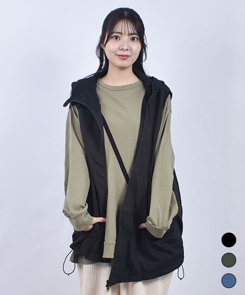 D.S.CLUB 配色 アシンメトリー フードつき 撥水加工ベスト