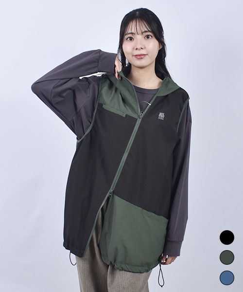 D.S.CLUB 配色 アシンメトリー フードつき 撥水加工ベスト