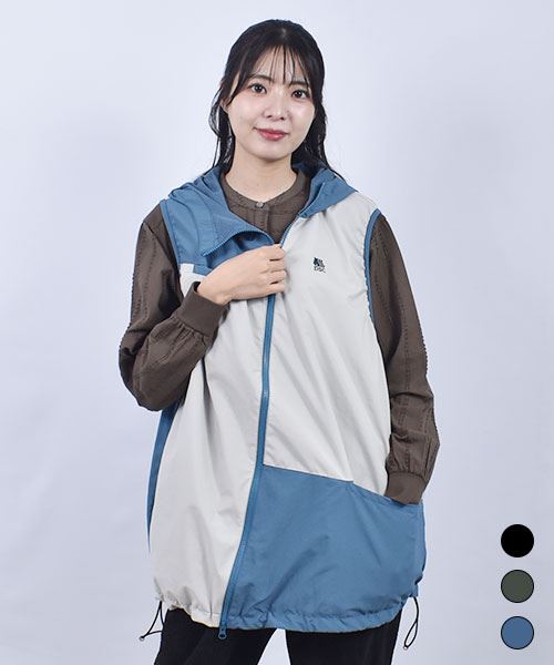 D.S.CLUB 配色 アシンメトリー フードつき 撥水加工ベスト