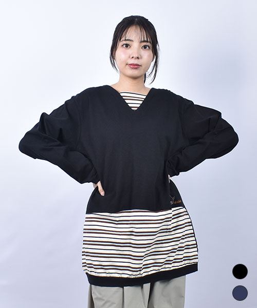 D.S.CLUB 天竺 Vネック ボーダー重ね着風　チュニックロンT