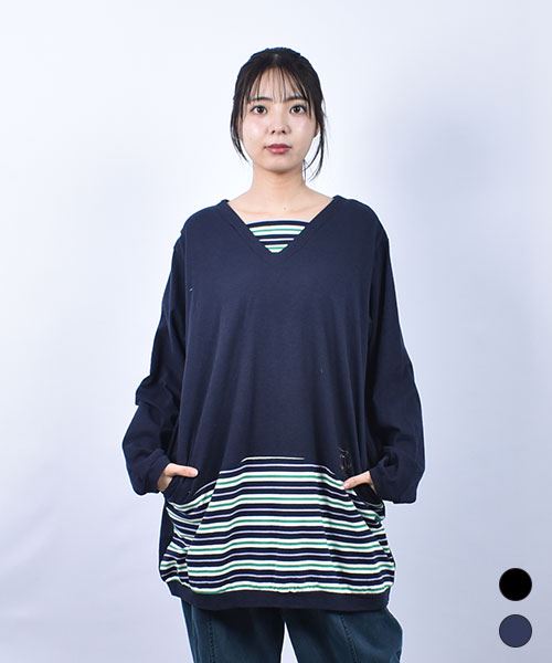 D.S.CLUB 天竺 Vネック ボーダー重ね着風　チュニックロンT