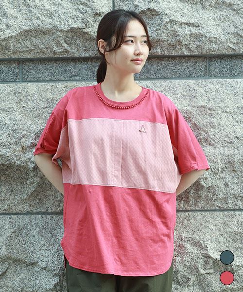 D.S.CLUB 天竺 衿レース布帛切り替え ドルマンスリーブ 5分袖 T