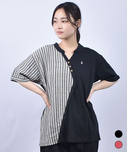 D.S.CLUB 天竺 V開き 飾りボタン 切り替え T