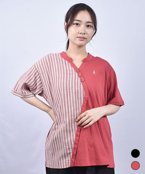 D.S.CLUB 天竺 V開き 飾りボタン 切り替え T