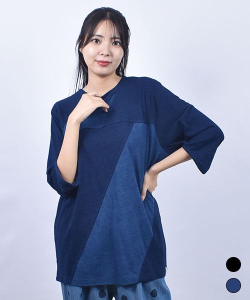 D.S.CLUB インディゴ天竺 配色切替 7部袖 T