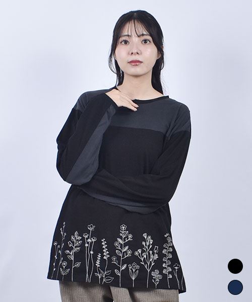 D.S.CLUB インディゴ天竺 切替 花刺繍 ロンT