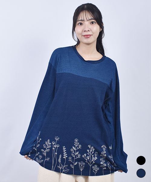 D.S.CLUB インディゴ天竺 切替 花刺繍 ロンT