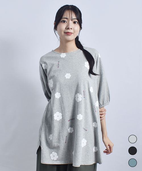 D.S.CLUB OE天竺 花総柄 パフ袖 ドルマンチュニック プリントT