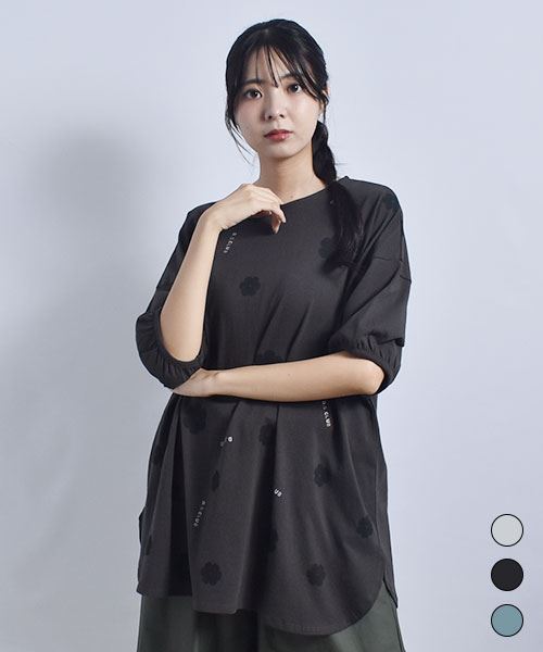 D.S.CLUB OE天竺 花総柄 パフ袖 ドルマンチュニック プリントT