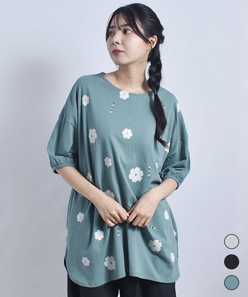 D.S.CLUB OE天竺 花総柄 パフ袖 ドルマンチュニック プリントT