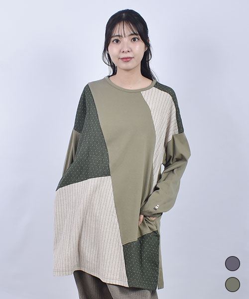 D.S.CLUB 天竺 水玉×ストライプ ハギハギ 切替 チュニック