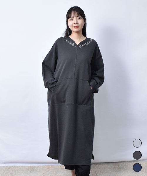 【ワンピース】 花刺繍 Vネック トレーナー ワンピース