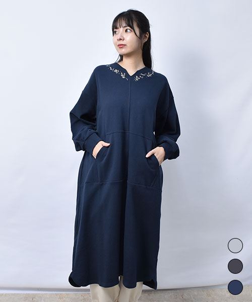 【ワンピース】 花刺繍 Vネック トレーナー ワンピース