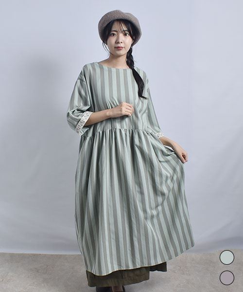 fu-ai ストライプ 袖花刺繍 2WAYワンピース