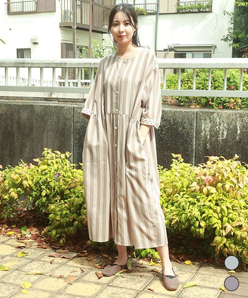 fu-ai ストライプ 袖花刺繍 2WAYワンピース