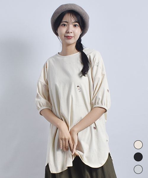 fu-ai OE天竺 総柄 パフ袖 ドルマンチュニック プリントT