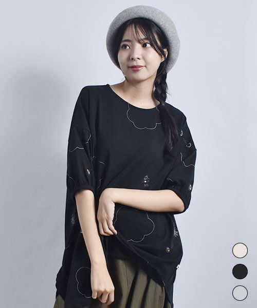 fu-ai OE天竺 総柄 パフ袖 ドルマンチュニック プリントT