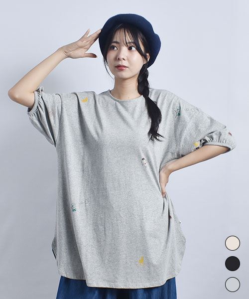 fu-ai OE天竺 総柄 パフ袖 ドルマンチュニック プリントT